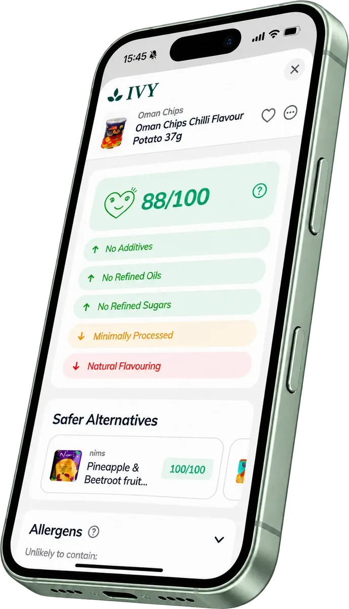 Ivy scan result for Oman Chips Chilli: 88 out of 100, with a safer alternative scoring 100 out of 100