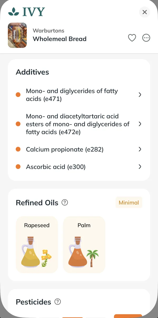 Ivy scan of Warburtons Wholemeal Bread showing four additives and two refined oils